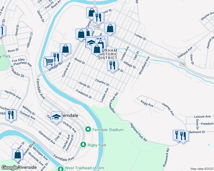 map of restaurants, bars, coffee shops, grocery stores, and more near 725 Linden Avenue in Johnstown