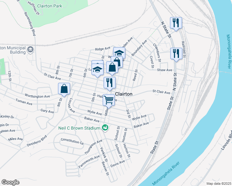 map of restaurants, bars, coffee shops, grocery stores, and more near 320 Waddell Avenue in Clairton