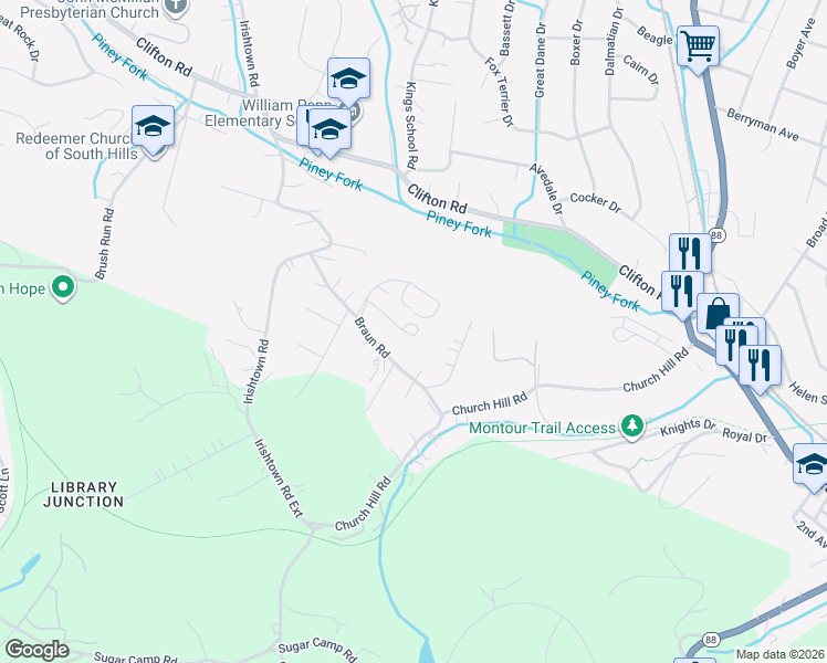 map of restaurants, bars, coffee shops, grocery stores, and more near 1625 Calico Court in Bethel Park