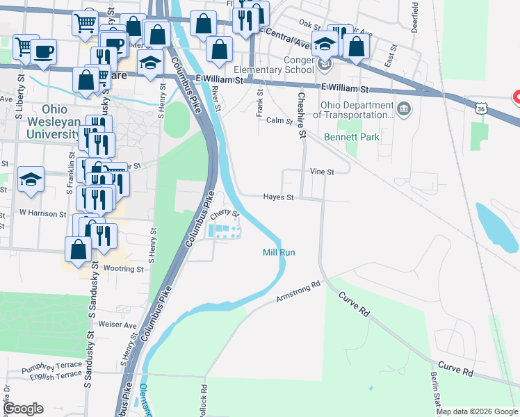 map of restaurants, bars, coffee shops, grocery stores, and more near 128 Hayes Street in Delaware