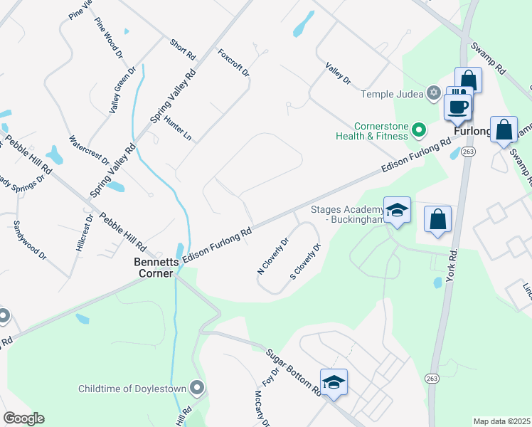 map of restaurants, bars, coffee shops, grocery stores, and more near 588 Edison Furlong Road in Furlong