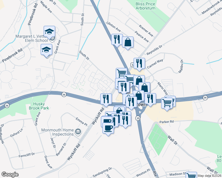 map of restaurants, bars, coffee shops, grocery stores, and more near 3 Azalea Court in Eatontown