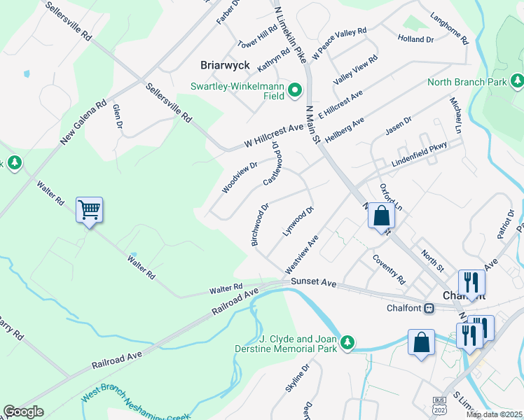 map of restaurants, bars, coffee shops, grocery stores, and more near 96 Birchwood Drive in Chalfont
