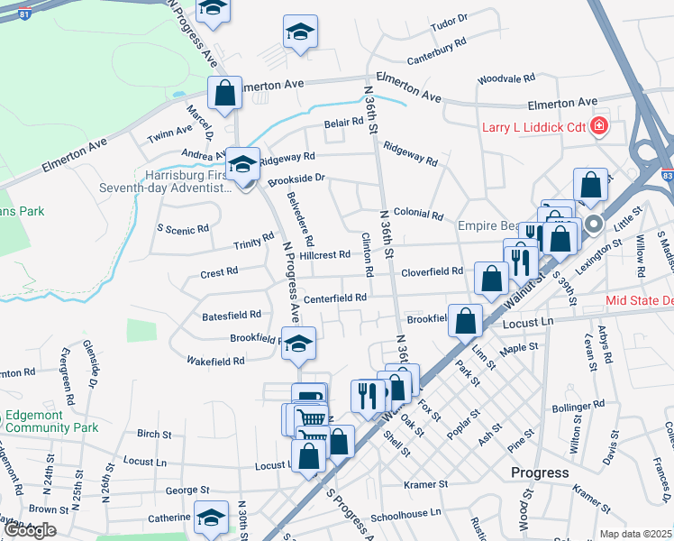 map of restaurants, bars, coffee shops, grocery stores, and more near 3412 Cloverfield Road in Harrisburg