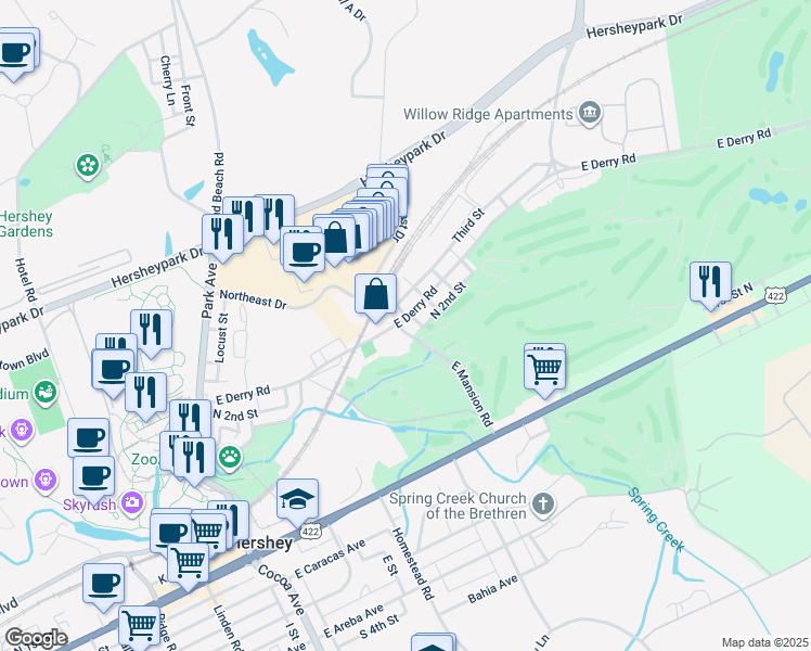 map of restaurants, bars, coffee shops, grocery stores, and more near 330 East Derry Road in Hershey