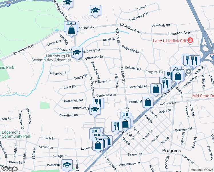 map of restaurants, bars, coffee shops, grocery stores, and more near 3412 Cloverfield Road in Harrisburg