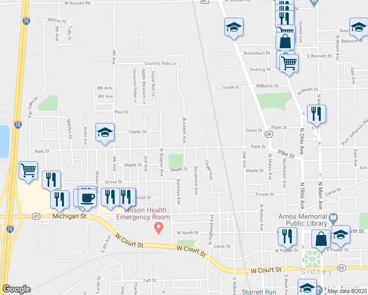 map of restaurants, bars, coffee shops, grocery stores, and more near 700 Buckeye Avenue in Sidney