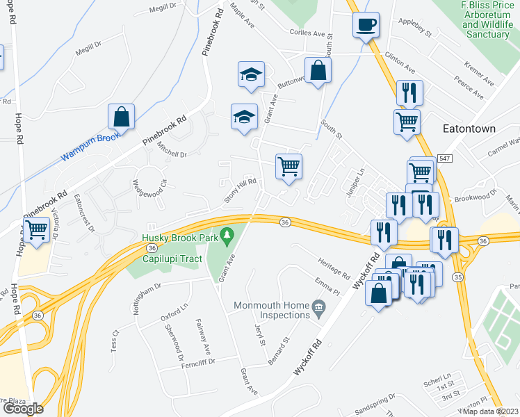 map of restaurants, bars, coffee shops, grocery stores, and more near 139 Grant Avenue in Eatontown