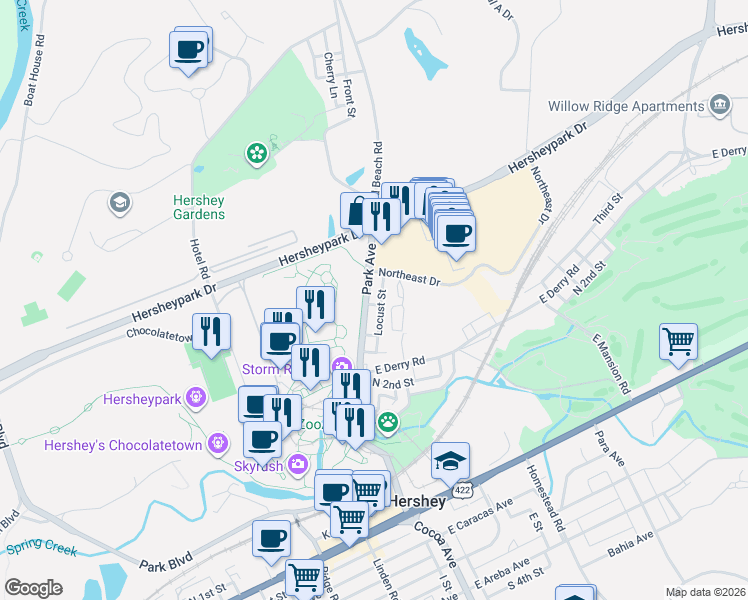 map of restaurants, bars, coffee shops, grocery stores, and more near 559 Locust Street in Hershey