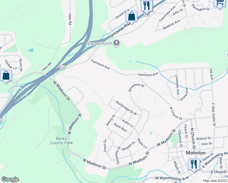 map of restaurants, bars, coffee shops, grocery stores, and more near 18 Ridge Court in Mohnton