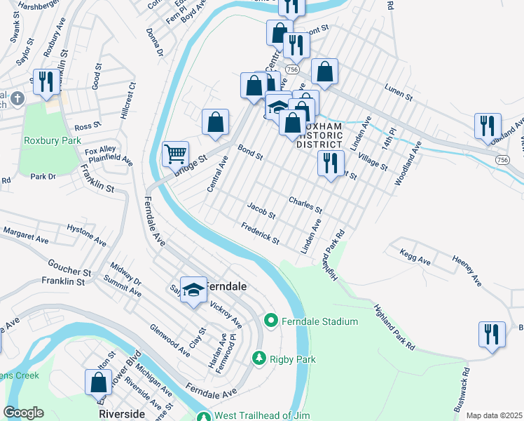 map of restaurants, bars, coffee shops, grocery stores, and more near 798 Grove Ave in Johnstown