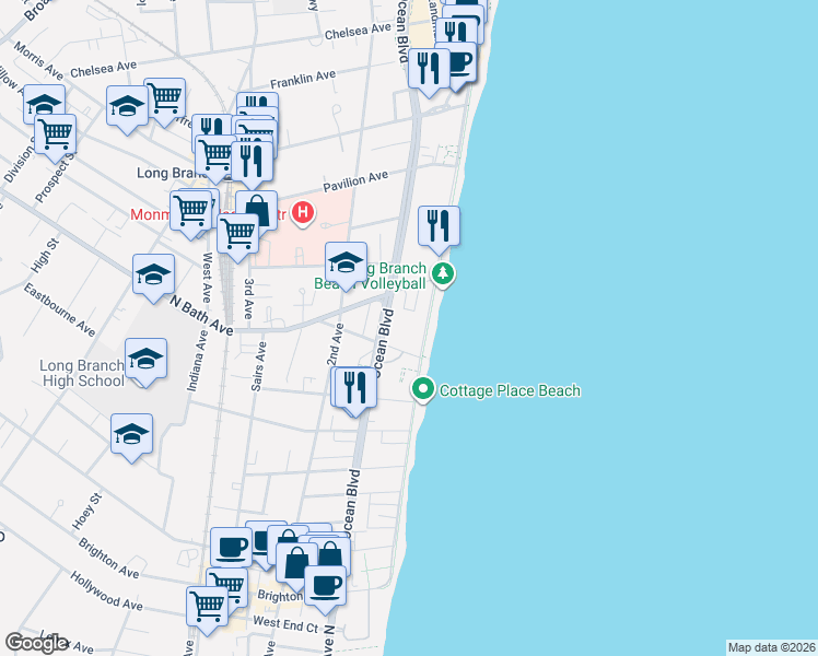 map of restaurants, bars, coffee shops, grocery stores, and more near 2 North Bath Avenue in Long Branch