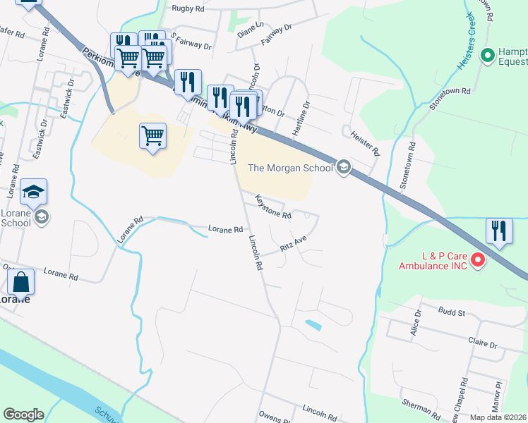 map of restaurants, bars, coffee shops, grocery stores, and more near 59 Keystone Road in Reading