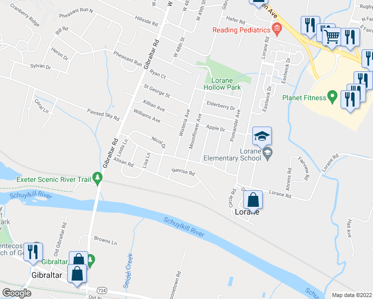 map of restaurants, bars, coffee shops, grocery stores, and more near 812 Moonflower Avenue in Reading
