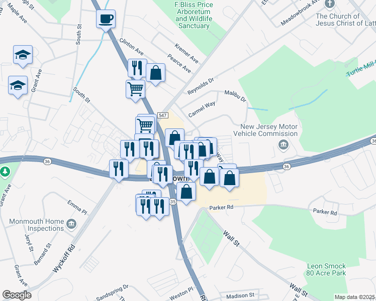 map of restaurants, bars, coffee shops, grocery stores, and more near 10 Berkeley Place in Eatontown