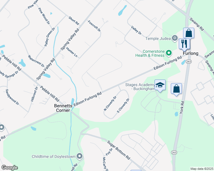 map of restaurants, bars, coffee shops, grocery stores, and more near 588 Edison Furlong Road in Furlong