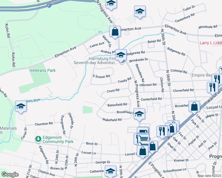 map of restaurants, bars, coffee shops, grocery stores, and more near 3212 Crest Road in Harrisburg