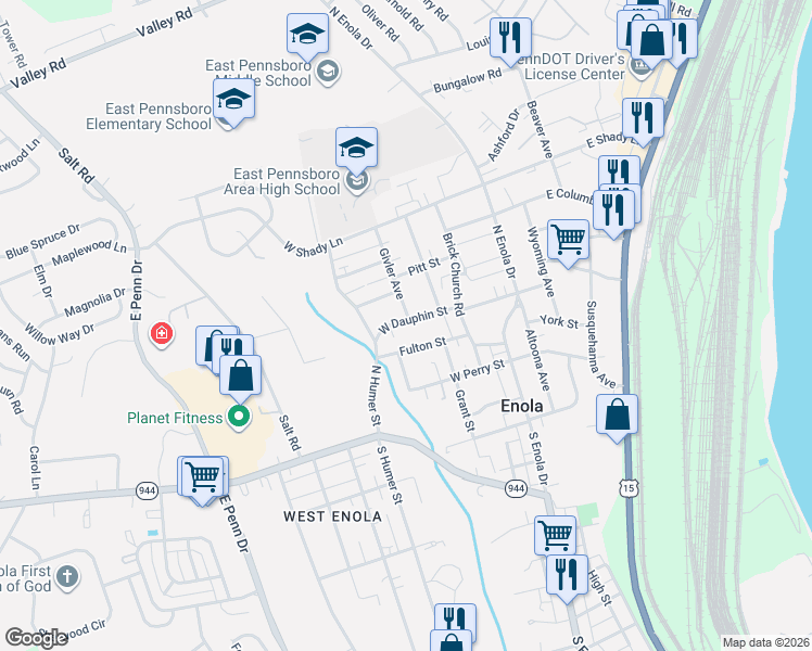 map of restaurants, bars, coffee shops, grocery stores, and more near 307 West Dauphin Street in Enola