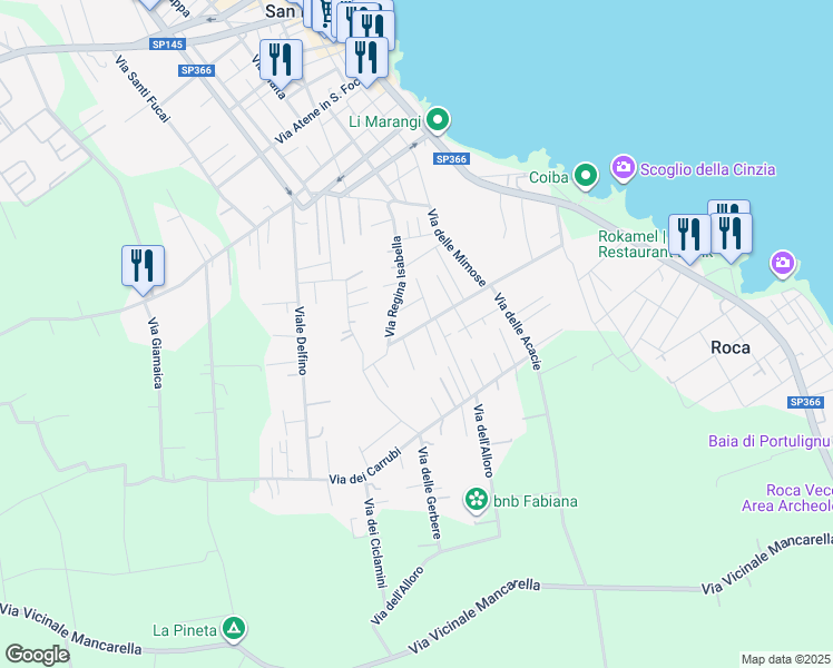 map of restaurants, bars, coffee shops, grocery stores, and more near 2 Via Regina Isabella in San Foca