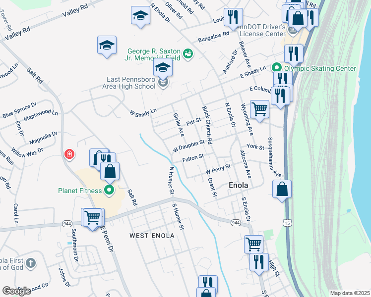 map of restaurants, bars, coffee shops, grocery stores, and more near 400 West Dauphin Street in Enola