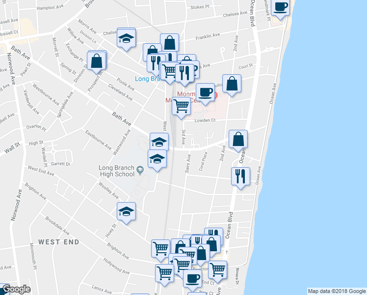 map of restaurants, bars, coffee shops, grocery stores, and more near 340 3rd Avenue in Long Branch