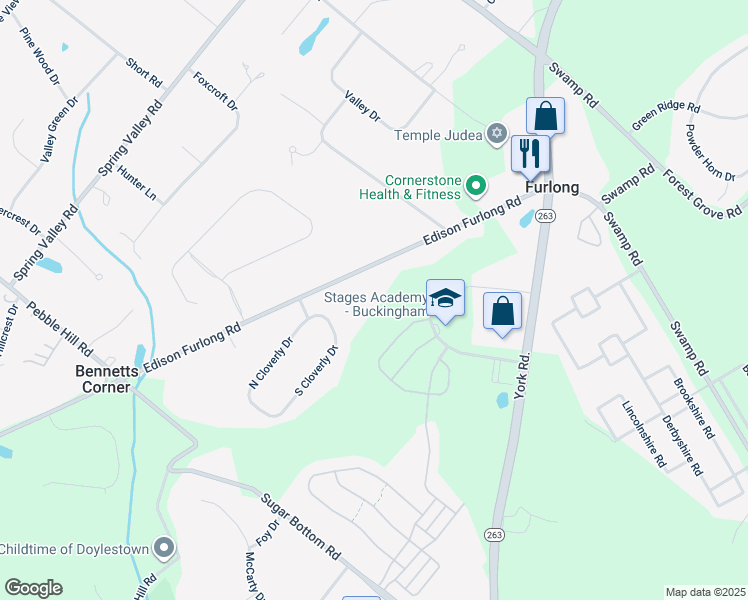 map of restaurants, bars, coffee shops, grocery stores, and more near 3257 Edison Furlong Road in Furlong