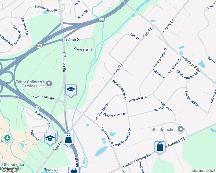 map of restaurants, bars, coffee shops, grocery stores, and more near 2203 Turk Road in Doylestown