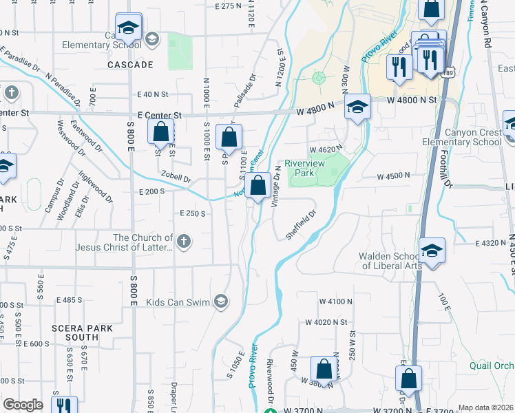 map of restaurants, bars, coffee shops, grocery stores, and more near 4417 Stafford Court in Provo
