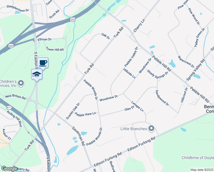 map of restaurants, bars, coffee shops, grocery stores, and more near 114 Pebble Valley Drive in Doylestown