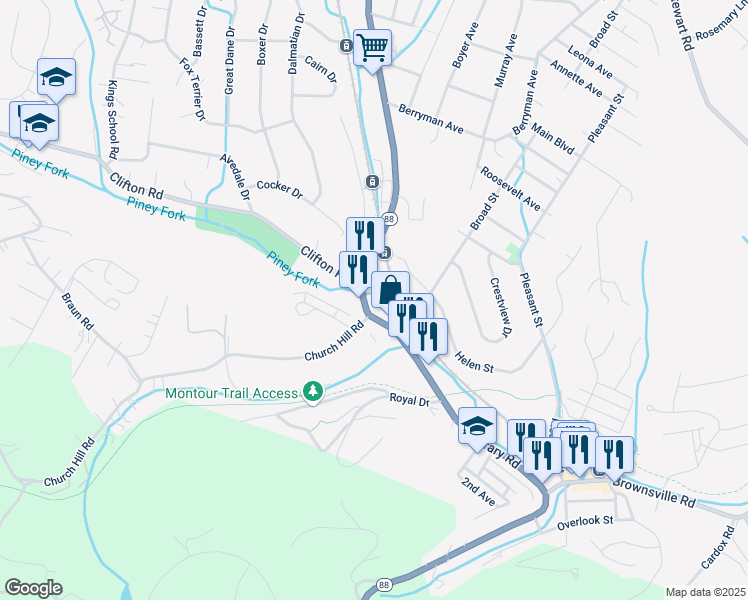 map of restaurants, bars, coffee shops, grocery stores, and more near 6257 Library Road in Bethel Park