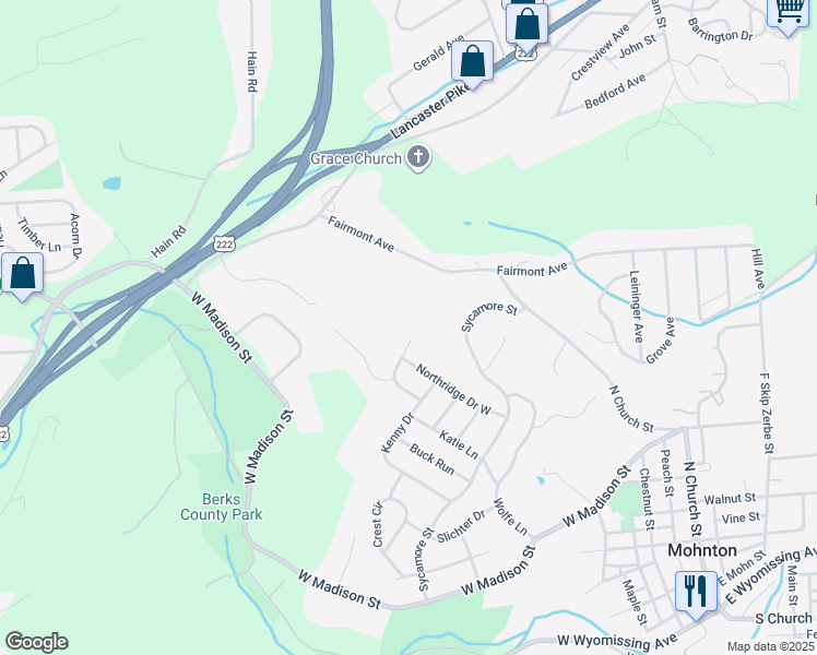 map of restaurants, bars, coffee shops, grocery stores, and more near 18 Ridge Court in Mohnton
