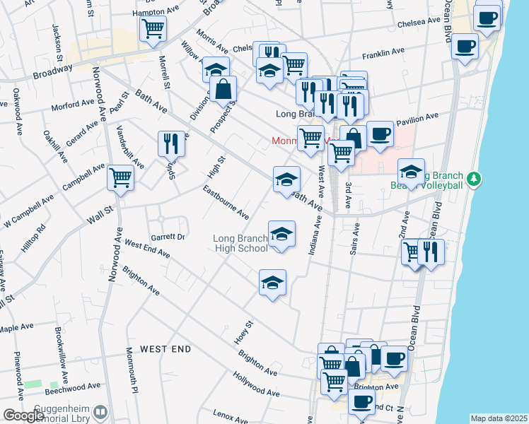 map of restaurants, bars, coffee shops, grocery stores, and more near 377 Westwood Avenue in Long Branch
