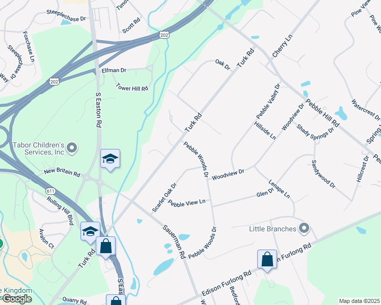 map of restaurants, bars, coffee shops, grocery stores, and more near 19 Pebble Woods Drive in Doylestown