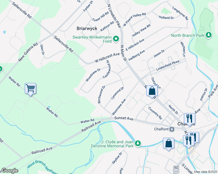 map of restaurants, bars, coffee shops, grocery stores, and more near 96 Birchwood Drive in Chalfont