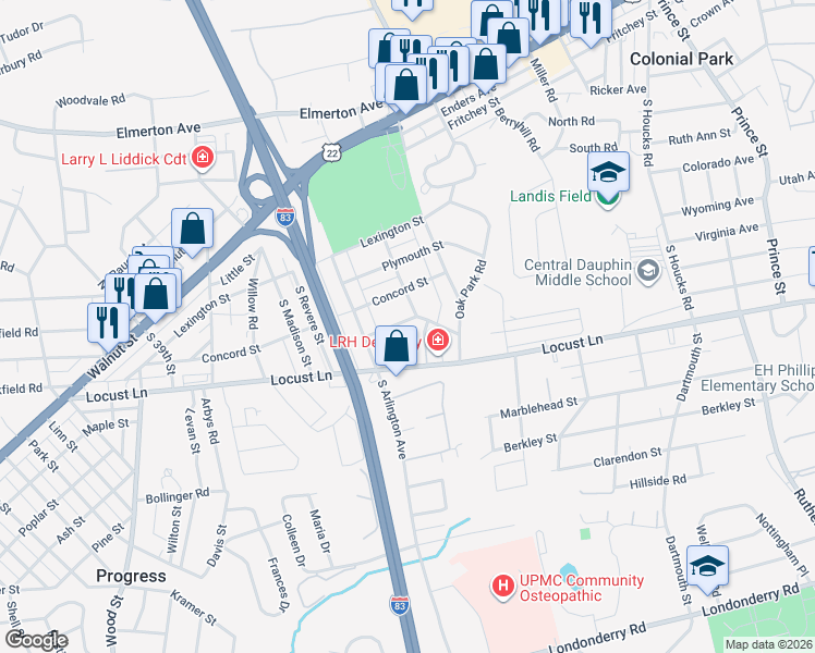 map of restaurants, bars, coffee shops, grocery stores, and more near 4222 Cambridge Street in Harrisburg