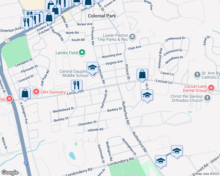 map of restaurants, bars, coffee shops, grocery stores, and more near 4705 Locust Lane in Harrisburg