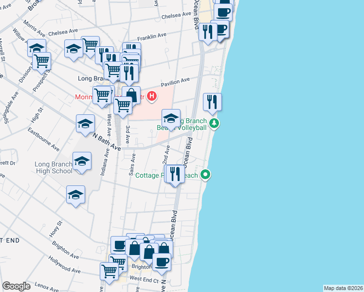 map of restaurants, bars, coffee shops, grocery stores, and more near 70 North Bath Avenue in Long Branch