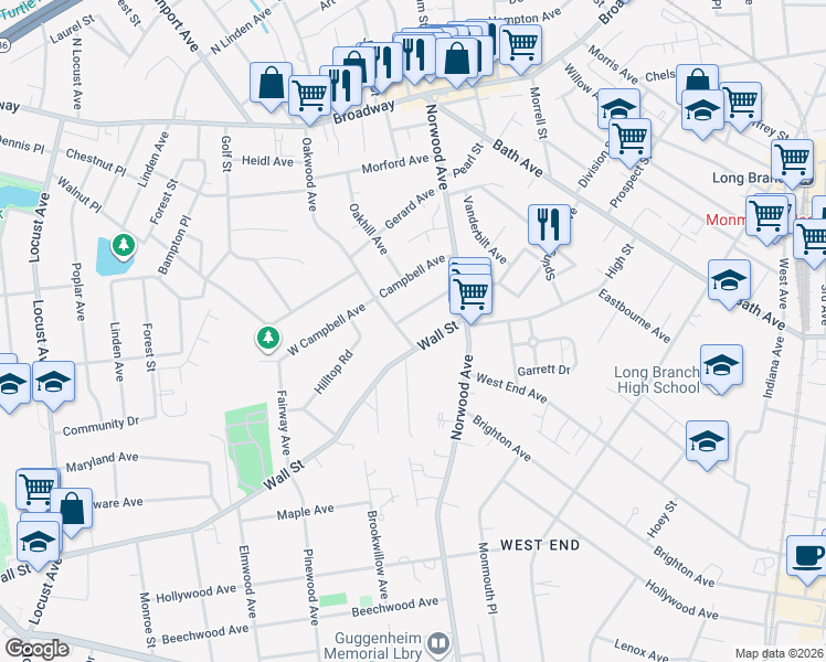 map of restaurants, bars, coffee shops, grocery stores, and more near 191 Oakwood Avenue in Long Branch