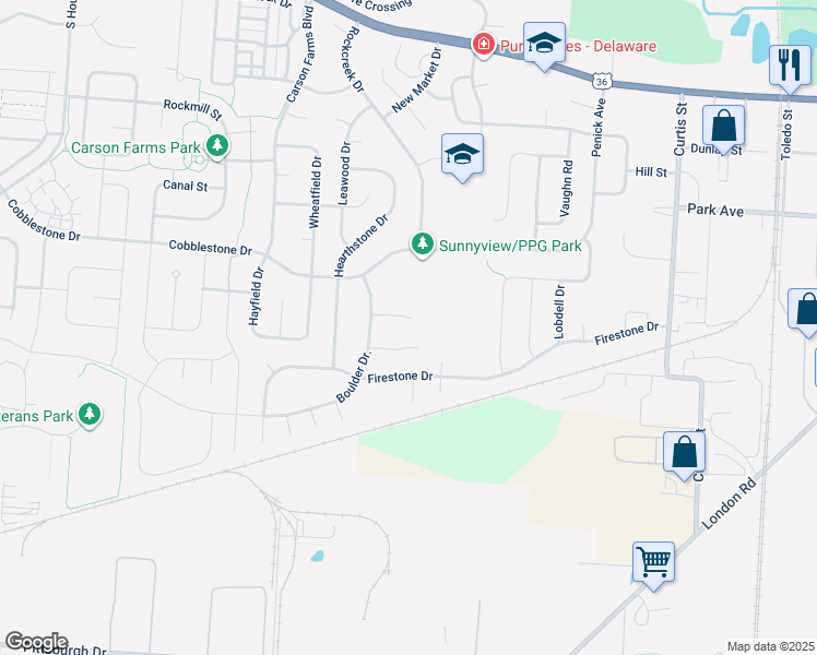 map of restaurants, bars, coffee shops, grocery stores, and more near 635 Pebble Place Drive in Delaware