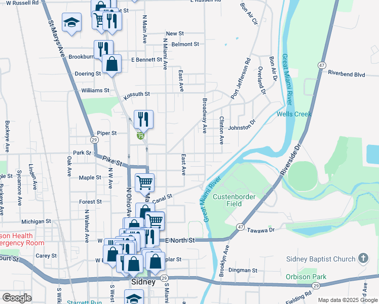 map of restaurants, bars, coffee shops, grocery stores, and more near 714 East Avenue in Sidney