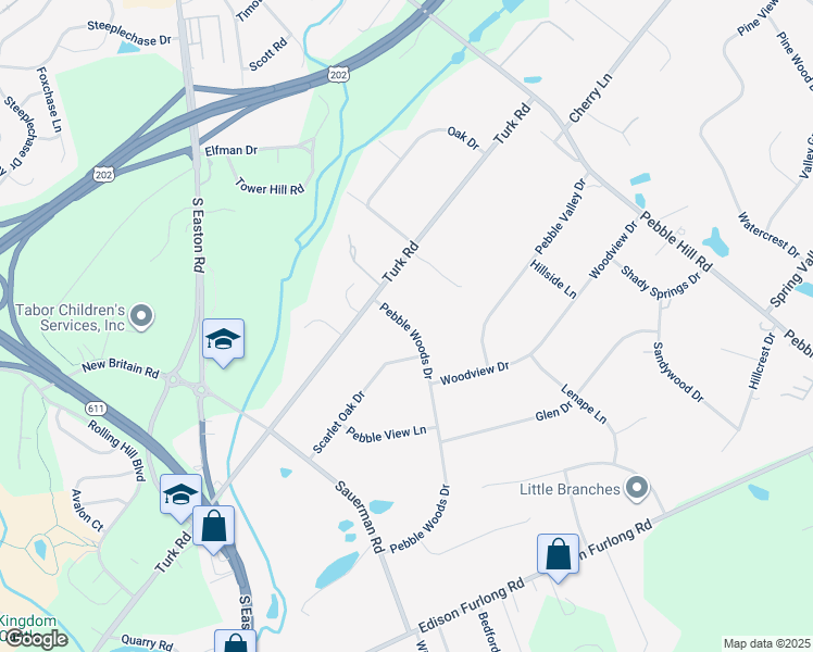 map of restaurants, bars, coffee shops, grocery stores, and more near 22 Pebble Woods Drive in Doylestown