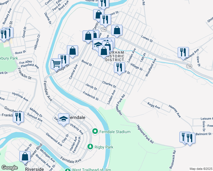 map of restaurants, bars, coffee shops, grocery stores, and more near 741 Highland Avenue in Johnstown
