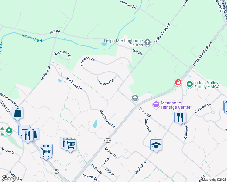 map of restaurants, bars, coffee shops, grocery stores, and more near 640 Yoder Road in Harleysville