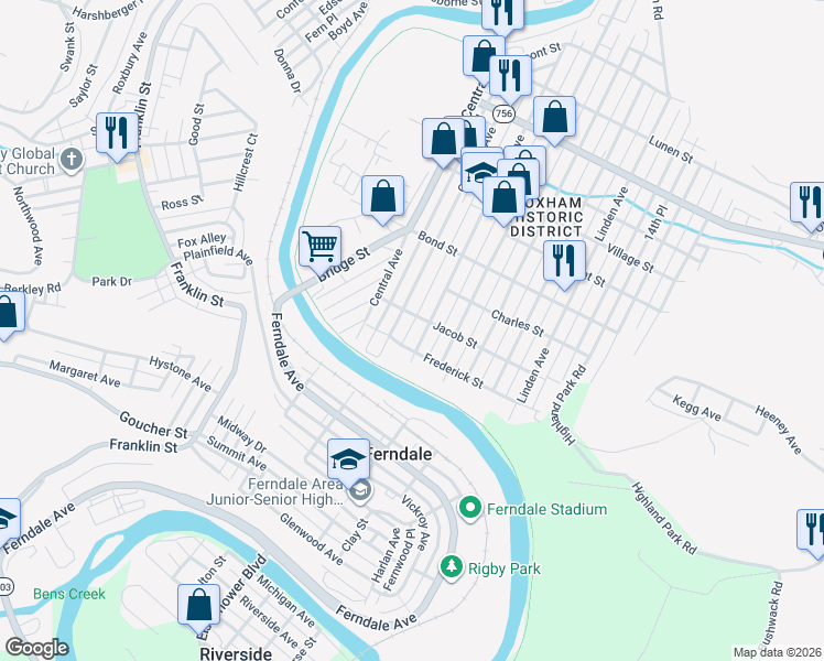 map of restaurants, bars, coffee shops, grocery stores, and more near 769 Park Avenue in Johnstown