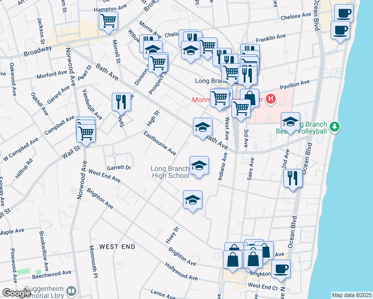 map of restaurants, bars, coffee shops, grocery stores, and more near 377 Westwood Avenue in Long Branch