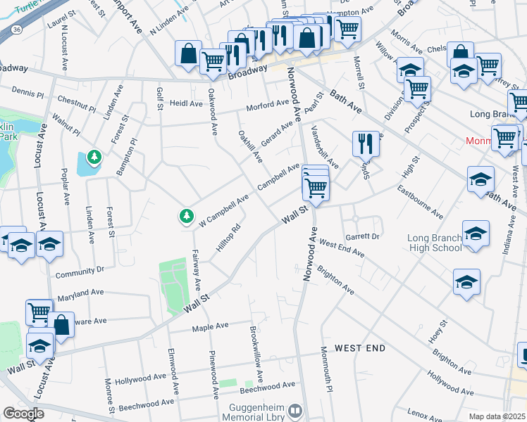 map of restaurants, bars, coffee shops, grocery stores, and more near 191 Oakwood Avenue in Long Branch