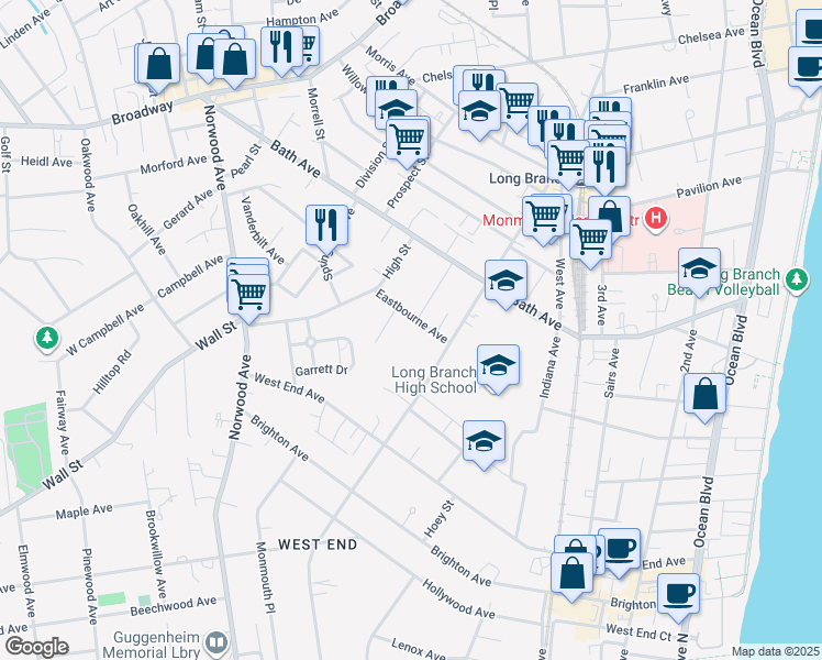 map of restaurants, bars, coffee shops, grocery stores, and more near 324 Eastbourne Avenue in Long Branch