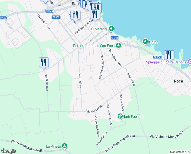 map of restaurants, bars, coffee shops, grocery stores, and more near 39 Via delle Ginestre in San Foca