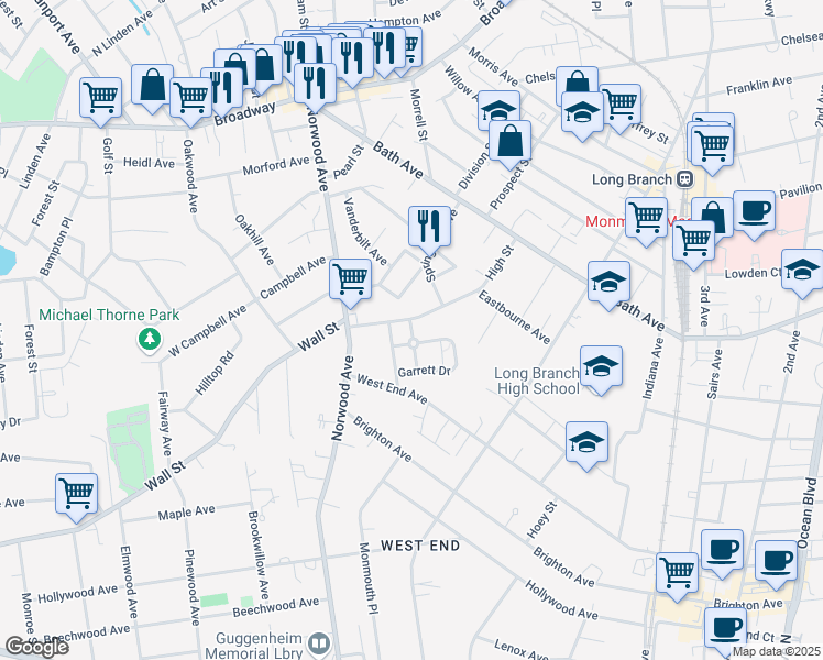 map of restaurants, bars, coffee shops, grocery stores, and more near Jennings Lane in Long Branch