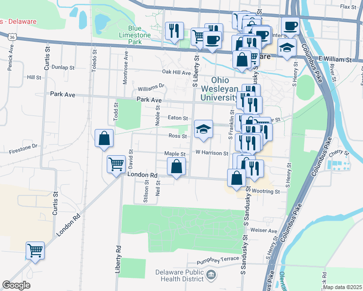 map of restaurants, bars, coffee shops, grocery stores, and more near 23 Ross Street in Delaware